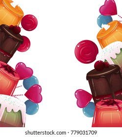 Illustration with jelly, cake and lollypops. Vector