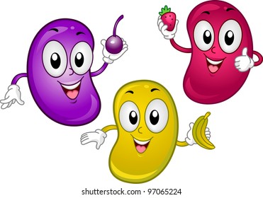 Ilustração de Jellybean Mascots segurando pequenos frutos
