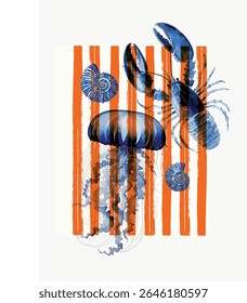 Ilustração de uma água-viva, um caranguejo e duas conchas azuis em linhas vermelhas. Arte, cartaz, vetor