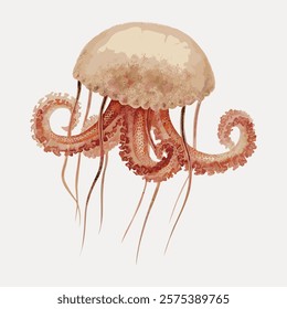 Illustration of a jellyfish with tentacles. Jellyfish art with detailed tentacles. Elegant jellyfish design showcasing intricate tentacles. Vintage illustration isolated on white, vector.