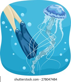 Illustration of a Jellyfish Touching the Flippers of a Diver