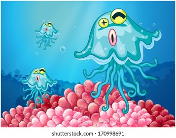 Illustration of the jellyfishes and corals under the sea on a white background