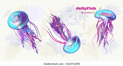 Illustration of jellyfishes. The three objects isolated on white. Handdraw stylized artwork. Vector - stock.
