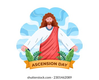 Illustration of Jesus ascending to heaven on Ascension Day with rays of light and a beautiful blue sky and clouds in the background.
Suitable for greeting card, postcard, web, banner, etc.