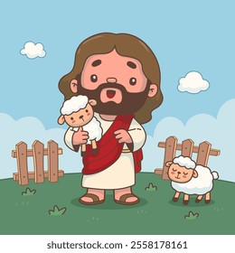 Illustration of Jesus Carrying a Sheep in Cartoon Style