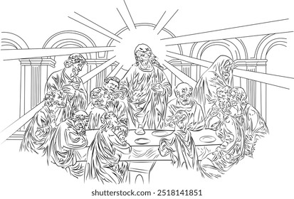 ilustração de jesus cristo com os apóstolos compartilhando o pão.