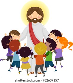 Illustration of Jesus Christ Being Surrounded by Stickman Kids