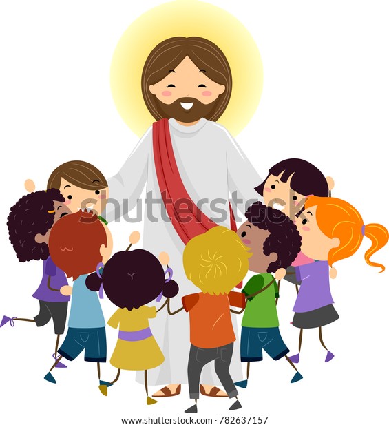 ステックマンの子どもたちに囲まれたイエス キリストのイラスト のベクター画像素材 ロイヤリティフリー