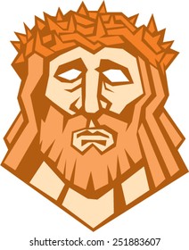 Illustration of Jesus Christ face with crown of thorns set on isolated white background done in retro style. 