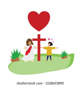 Illustration of Jesus Christ greeting you with open arms with red cross and woman girl.Concept for Jesus love YOU in Easter day.Jesus Christ cartoon character.