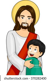 Illustration of Jesus Christ and a Happy Boy giving each other a Hug