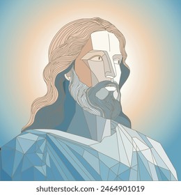 Ilustración de Jesucristo, con líneas y polígonos, azulada, con iluminación dorada, mirando al horizonte, serena. Hijo de Dios y María, arte conceptual