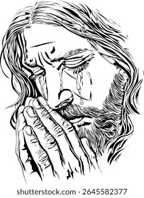 illustration of jesus christ praying and crying.