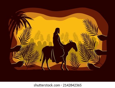An illustration of Jesus Christ riding a donkey entered Jerusalem