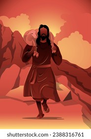 An illustration of Jesus Christ as a shepherd and found the lost sheep. Biblical Series