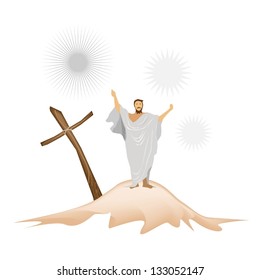 An Illustration of Jesus Christ Standing with A Wooden Cross and Praying for People on A Mountain