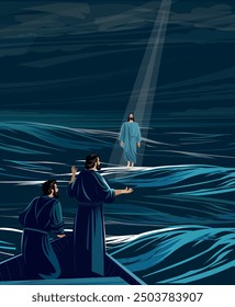 An illustration of Jesus Christ walking on water. His disciples in the boat are looking at Him. Biblical Series.