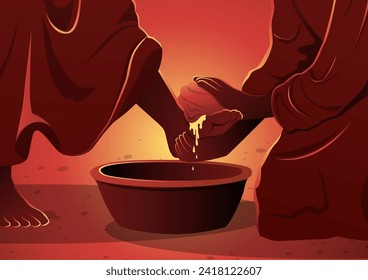 An illustration of Jesus Christ washing apostles feet, Biblical series