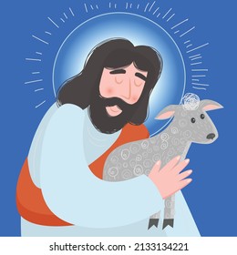 Illustration of Jesus finding a lost sheep. Religion, God, Jesus, vector illustration