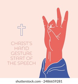 An illustration of Jesus hand gesture symbolizes the start of the speech. Christianity concept