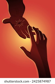 An illustration of Jesus hand reaching out for human hand. Hope, help, God mercy concept