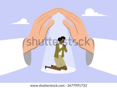 An illustration of Jesus hand in a sheltering gesture, creating a protective dome over her