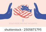 An illustration of Jesus hands blessing five loaves of bread and two fishes in minimalism style