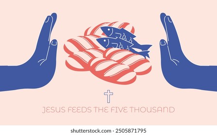 An illustration of Jesus hands blessing five loaves of bread and two fishes in minimalism style