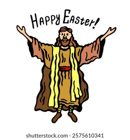 Illustration of Jesus and inscription Happy Easter, isolated on white