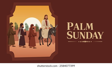  An illustration of Jesus riding a donkey, surrounded by his followers, as they celebrate Palm Sunday, with a warm background symbolizing the journey to Jerusalem.