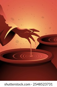 An illustration of Jesus Turns Water into Wine Close Up. Biblical series