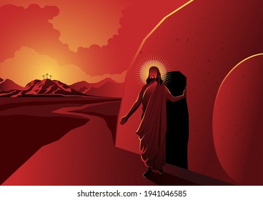 An illustration of Jesus walked out of a tomb on reddish background