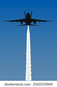 Illustration as a jet is flying through the sky with a white trail behind it. 