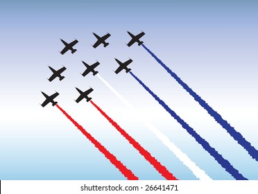 Illustration of jets flying in formation. Red, white and blue theme.