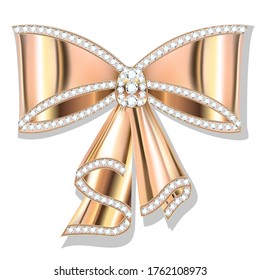 Illustration Jewel Brooch Bow Gold With Precious Stones  Isolated On White