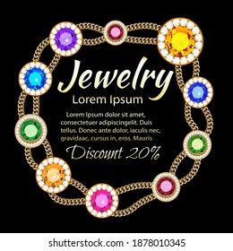 Illustration of jewelry background frame made of gold chains and precious stones with text 20% discount