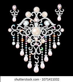 Illustration jewelry brooch and earrings with precious stones