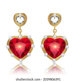 Illustration of jewelry earrings gold heart made of precious stones on a white background with reflection