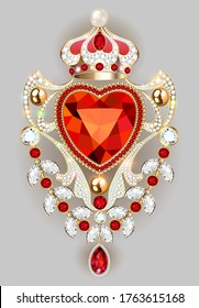 Illustration of a jewelry gold  brooch in the shape of a heart in a crown with pearls and precious stones