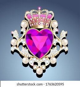 Illustration of a jewelry gold  brooch in the shape of a heart in a crown with pearls and precious stones