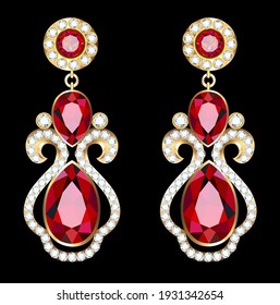 Illustration of jewelry gold earrings with precious stones