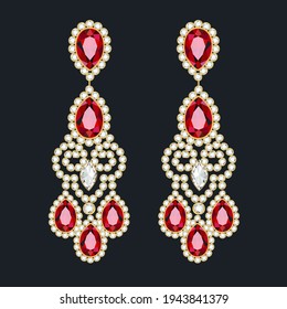 Illustration of jewelry gold earrings with precious stones