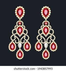 Illustration of jewelry gold earrings with precious stones