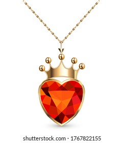 Illustration jewelry gold pendant heart made of gemstone with a crown on a chain