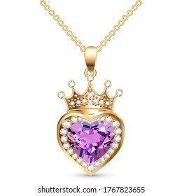 Illustration jewelry gold pendant heart made of gemstone with a crown on a chain