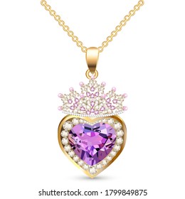 Illustration jewelry gold pendant heart made of gemstone with a crown on a chain