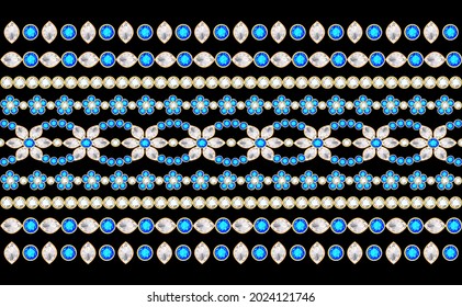 Illustration of jewelry patterned gemstone border on black background 