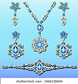 Illustration of jewelry set bracelet earrings and necklace with precious stones.