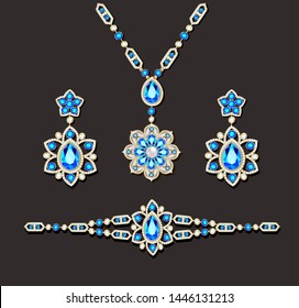 Illustration of jewelry set bracelet earrings and necklace with precious stones.