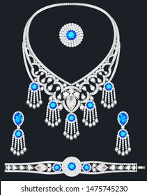 Illustration of jewelry set bracelet earrings and necklace with precious stones.